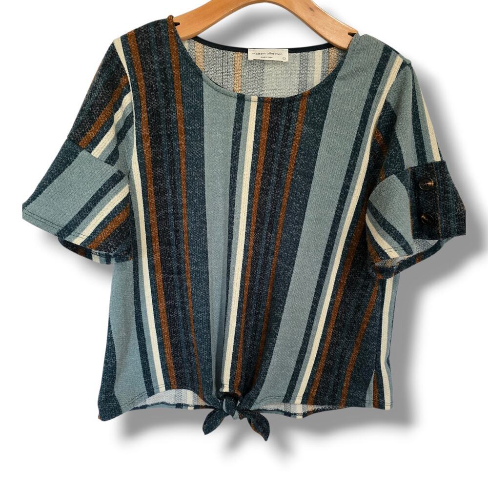 Modern Attraction Striped Tie-Front Top Large Blue Brown Flutter Sleeve